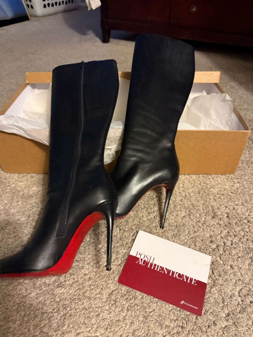 Christian Louboutin Black Leather Knee Boots with Signature Red Soles